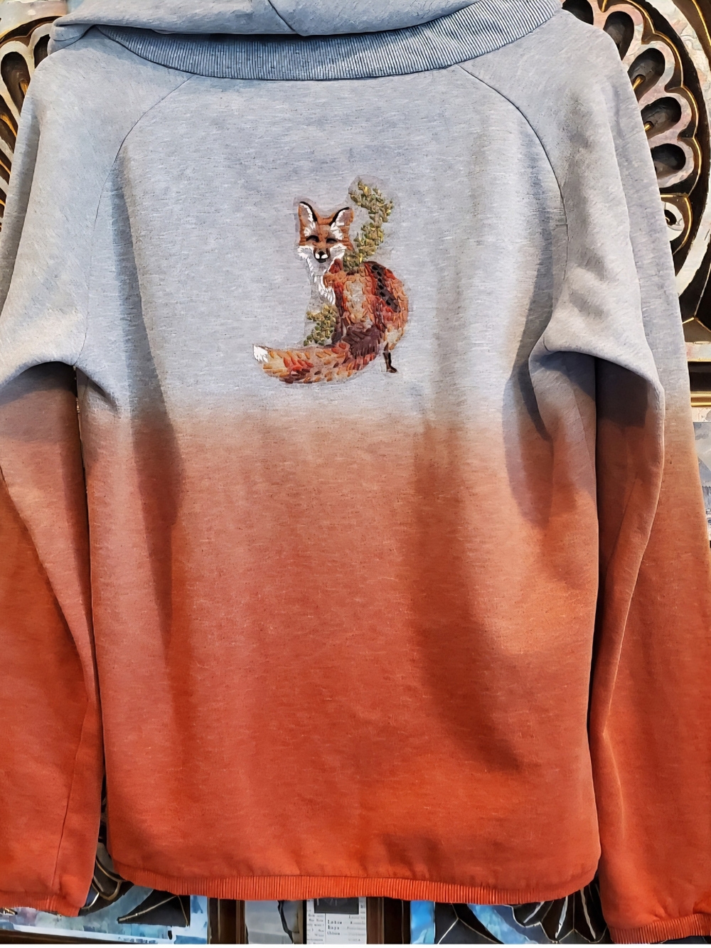 Element Gray and Rust-Patterned Hand Embroidered Fox Pullover Medium